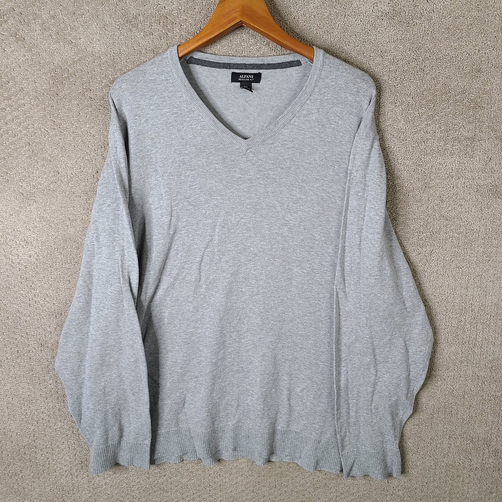Alfani Sweater Mens XXL Gray Regular Fit V Neck Cotton Nylon Long Sleeve Casual